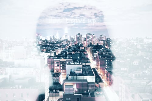 Preview: Man Head Silhouette On Bright City Background. Success Concept. Double Exposure
