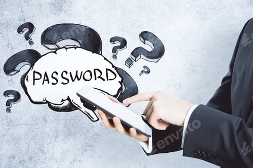 Preview: Businessman Hands Using Tablet With Drawing Question Mark And Password Text. Business And Safety