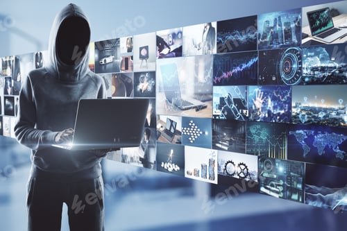 Preview: Online Piracy Concept With Noface Hacker With Laptop On Media Wall With Video Archive Background