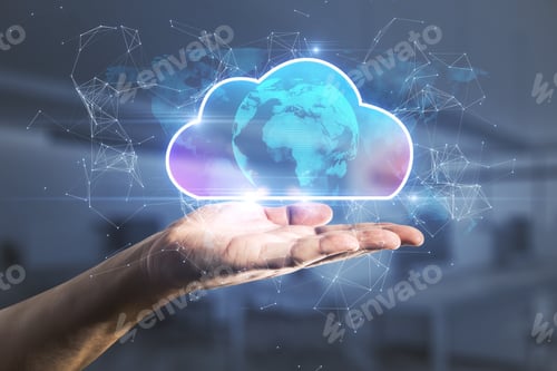 Preview: Female Hand Holding Abstract Glowing Cloud Hologram On Blurry Interior Background. Cloud Computing