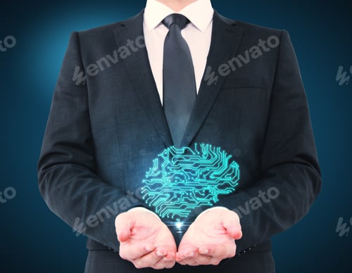 Preview: Businessman Holding Abstract Blue Digital Brain. Brainstorm Concept