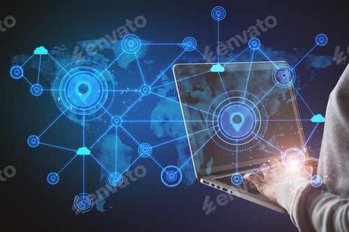Preview: Hand Using Laptop With Abstract Map And Location Pins Hologram On Blue Background. Geolocation And