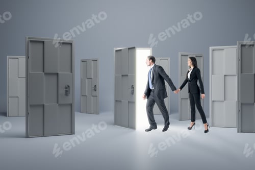 Preview: Businessman And Woman Standing In Front Of Abstract White Puzzle Door In Interior. Future