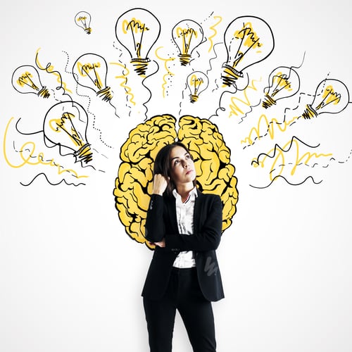 Preview: Attractive Young European Businessman With Creative Brain And Lamps Sketch On White Background