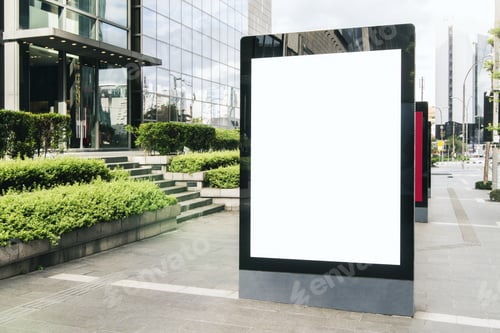 Preview: Blank White Banner On Sunny City Street, Mock Up