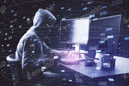 Preview: Hacker At Desktop Using Laptop With Abstract Digital Big Data Interface. Hacking And Ai Concept