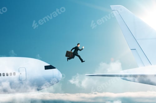 Preview: Side View Of Young Businessman With Luggage Jumping From Plane To Plane. Challenge And Risk Concept