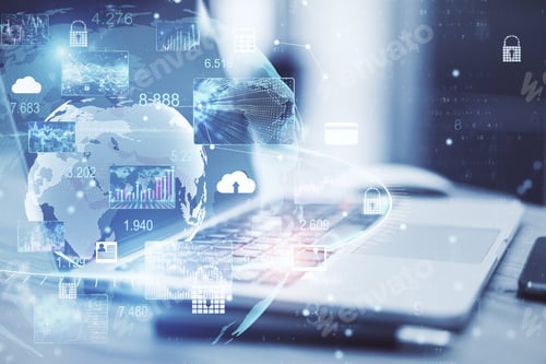 Preview: Laptop Computer On Table With Business Computing Cloud Hologram. Finance And Trade Concept