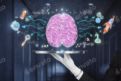 Preview: Hand Holding Tray With Abstract Business Sketch On Blurry Interior Background. Education And