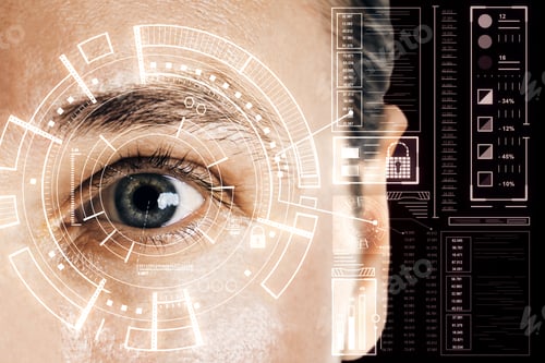 Preview: Biometrics And Scanning Concept With Grey Eye Man And Cyberspace Screen With Digital Data. Double