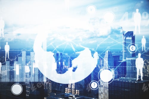 Preview: Creative Panel With Globe, Business Charts And Hr Icons On City Background. Human Resources Concept