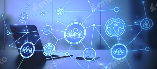 Preview: Close Up Of Workplace With Laptop, Other Items And Abstract Digital People Network On Blurry