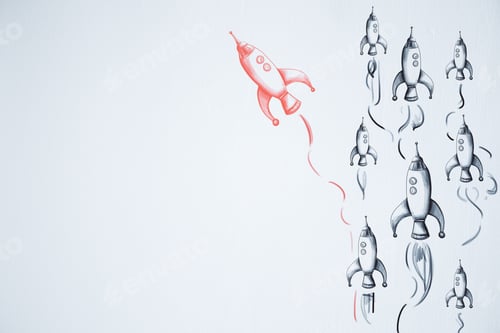 Preview: Think Differently. Different Drawn Rocket Ship On White Wall Background. Teamwork Concept