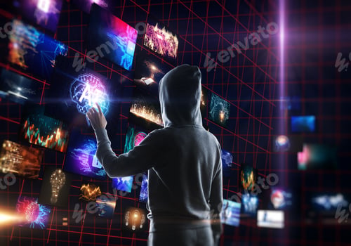 Preview: Hacker Using Creative Dark Digital Picture Gallery. Cloud Computing And Criminal Concept.