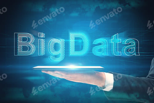 Preview: Close Up Of Businessman Hand Holding Tablet With Creative Glowing Coding Big Data Interface On Blue