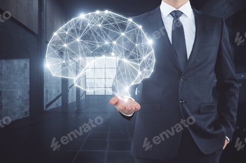 Preview: Businessman Holding Abstract Brain Hologram On Blurry Background. Brainstorm And Medicine Concept