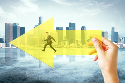Preview: Hand Holding Yellow Arrow With Running Businessman On City Background. Growth And Forward Concept