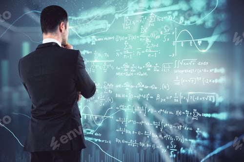 Preview: Thoughtful Young European Businessman In Blurry Office Interior Looking At Glowing Mathematical