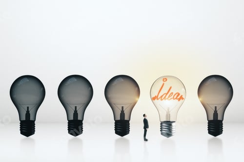 Preview: Tiny Businessman Looking At Row Of Light Bulbs With One Illuminated. Idea And Leadership Concept.