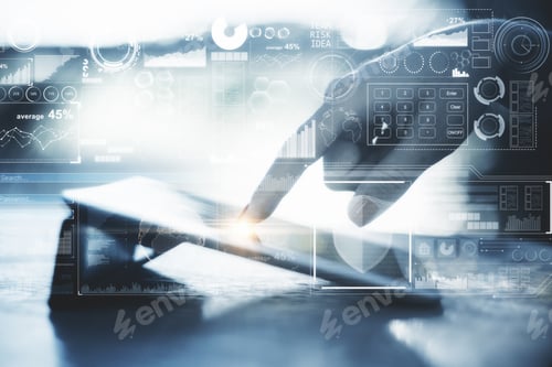 Preview: Side View And Close Up Of Female Hand Using Tablet With Abstract Business Projection. Tined Image