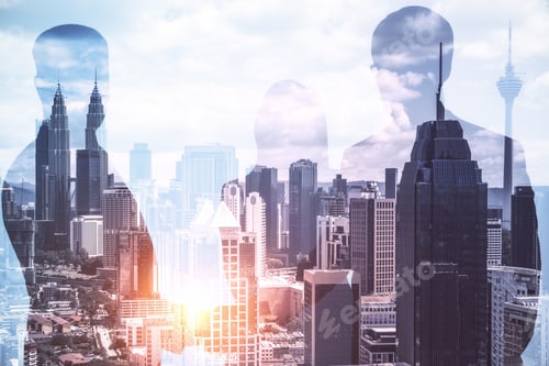 Preview: Abstract People Crowd Standing On Glowing City Background. Teamwork, Meeting And Deal Concept