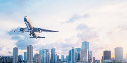 Preview: Airplane On Beautiful City Skyline And Blue Sky Background. Travel, Mockup, And Aviation Concept