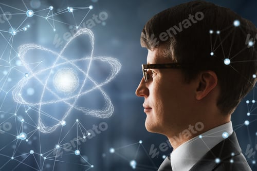 Preview: Side Portrait Of Handsome Young Man With Glowing Atom. Science And Medicine Concept