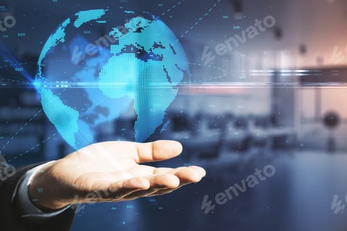 Preview: Social Network Technology Concept With Businessman Hand And 3D World Map Projection Above. Double