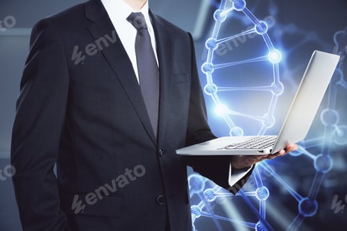 Preview: Headless Businessman Standing In Blurry Office Interior With Glowing Dna Hologram. Bio Engineering