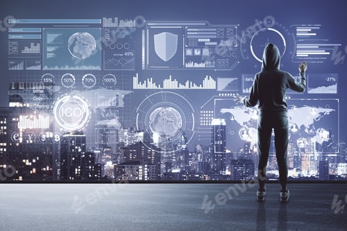 Vista previa: Hacker Standing On Rooftop With Digital Business Interface And Night City View. Hacking And