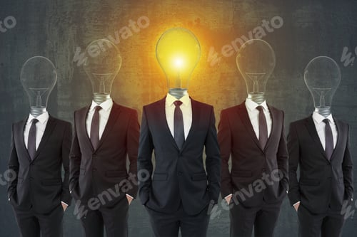 Preview: Lamp Headed Businessmen In Suits On Chalkboard Background. Teamwork, Idea And Innovation Concept