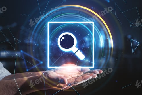 Preview: Hand Holding Magnifying Glass Icon Hologram. Technology And Job Search Concept. Close Up
