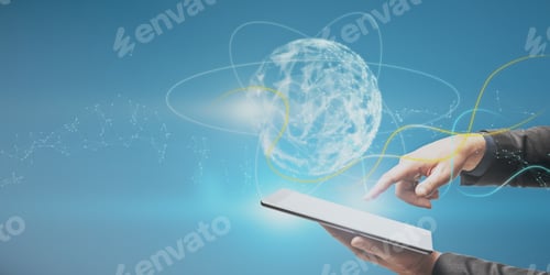 Preview: Close Up Of Businessman Hand Pointing At Tablet With Abstract Polygonal Sphere On Blue Background