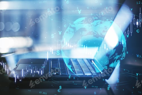 Preview: Close Up Of Laptop With Creative Globe Hologram With Money Signs And Candlestick Graph On Blurry