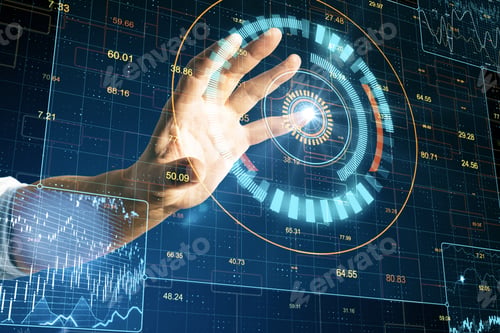 Preview: Businessman Hand Using Digital Screen With Business Charts And Stock Analysis. Global Business And