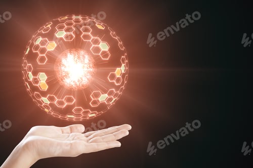Preview: Hand Holding Abstract Glowing Sphere On Dark Background. Innovation And Technology Concept