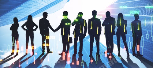 Preview: Brokerage Team Concept With Forex Market Chart Graphs On Black People Silhouettes. Double Exposure