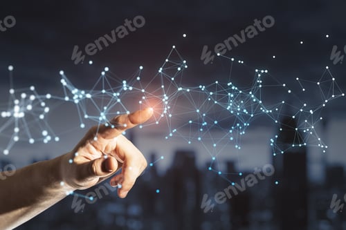 Preview: Close Up Of Businessman Hand Pointing At Glowing Polygonal Mesh On Blurry Night City Background