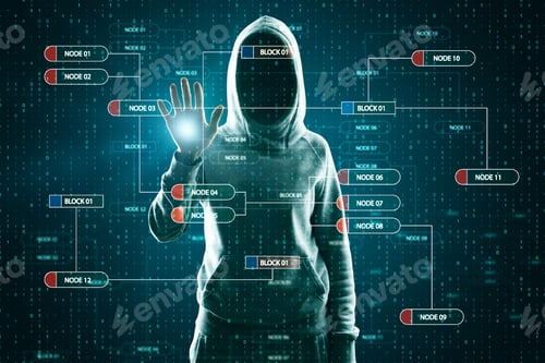 Preview: Hacker Using Abstract Glowing Big Data Interface. Malware And Futuristic Concept. Double Exposure