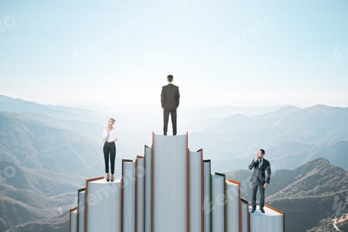 Preview: Business People Standing On Book Mountain On Sky Background With Mock Up Place. Education, Wisdom