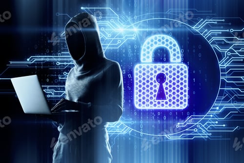 Preview: Hacker Using Laptop With Padlock And Circuit. Data And Hack Concept. Double Exposure