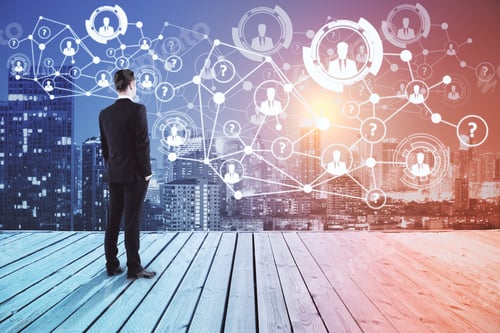 Preview: Young Businessman On Pier Looking At City With Hr Network. Hiring Concept