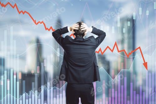 Preview: Back View Of Stressed Young Businessman Looking At Downward Red Arrow On Blurry City Background
