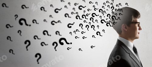 Preview: Portrait Of Attractive Young European Businessman With Abstract Drawn Question Marks On Concrete