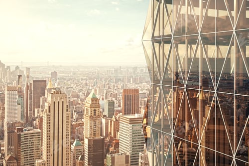 Preview: Modern Vitreous Skyscraper With City View Background 3D Render
