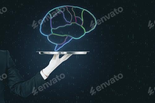 Preview: Digital Human Brain Divided By Lobes On Metal Tray In The Hands Of A Waiter At Abstract Background.