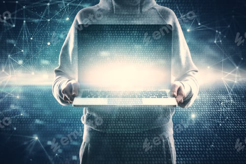 Preview: Hacker Holding Laptop With Empty Screen On Binary Code Background. Hacking And Attack Concept. Mock