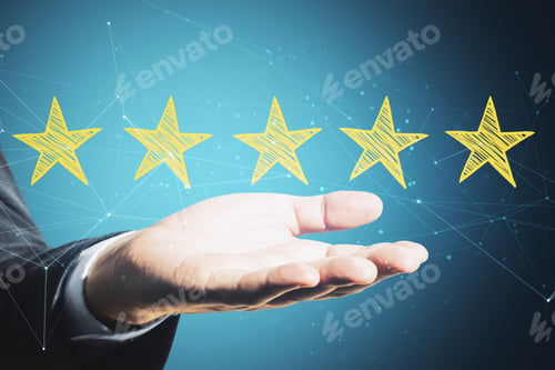 Preview: Hand Holding Yellow Star Rating On Virtual Screen Background. Evaluation And Assessment Concept