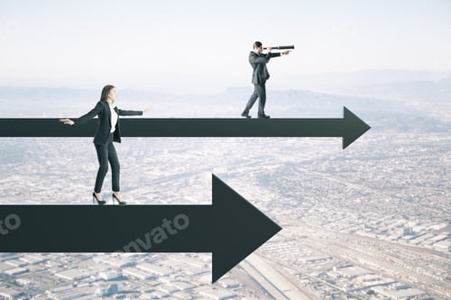 Preview: Young Businesswoman And Businessman With Telescope Standing On Arrow. City And Sky Background