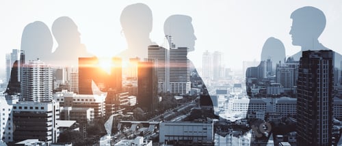 Preview: Businesspeople On Abstract City Background With Sunlight. Teamwork And Success Concept. Double